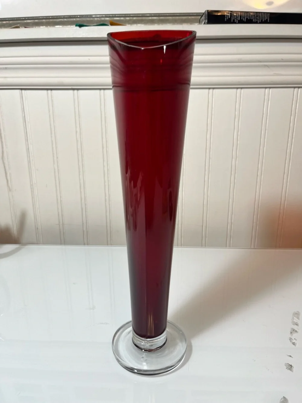 Vintage Ruby Red Art Glass Vase Triangular Asymmetrical MCM Clear Pedestal 13